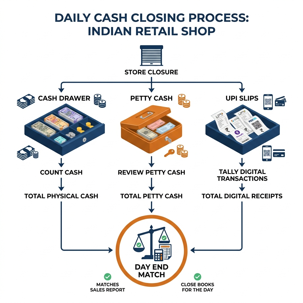 Daily cash closing 3-tray system for retail shops